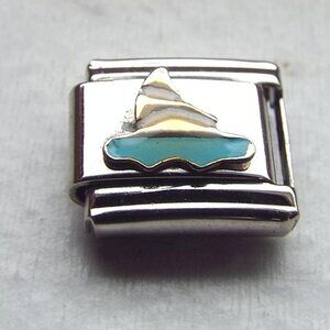 Enamel sail boat on blue water 9mm stainless steel italian charm bracelet link